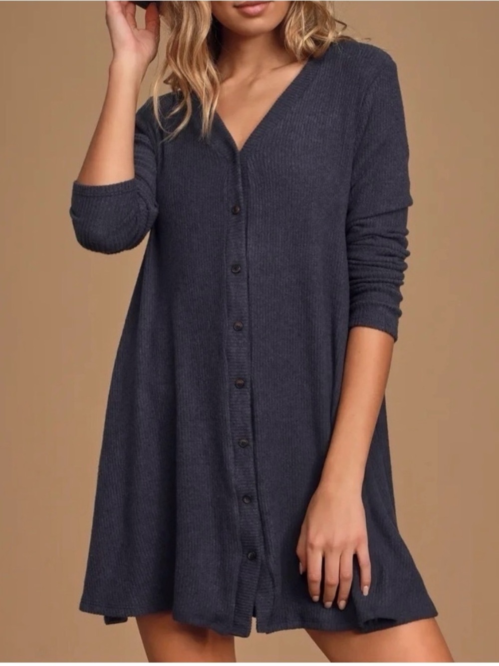 Lulus Women’s Sweet Comfort Heather Navy Blue Button-Up Sweater Dress size Small